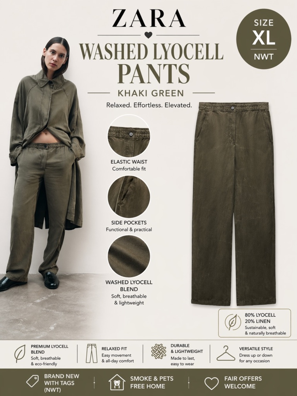 ZARA ZW Collection Washed Lyocell Linen Pants Khaki Green XL NWT Wide Leg